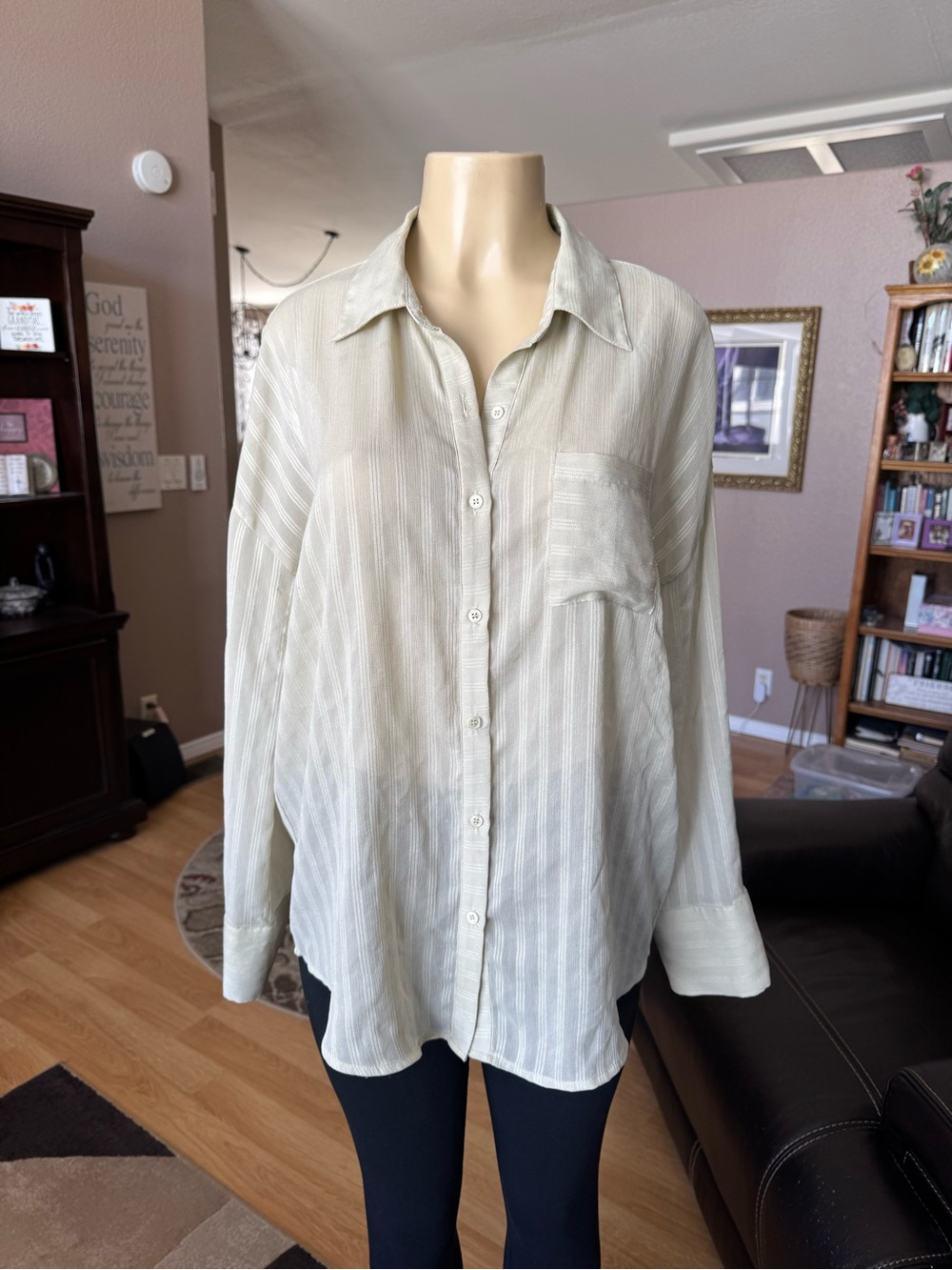 William B slightly sheer beige button-down blouse-size L